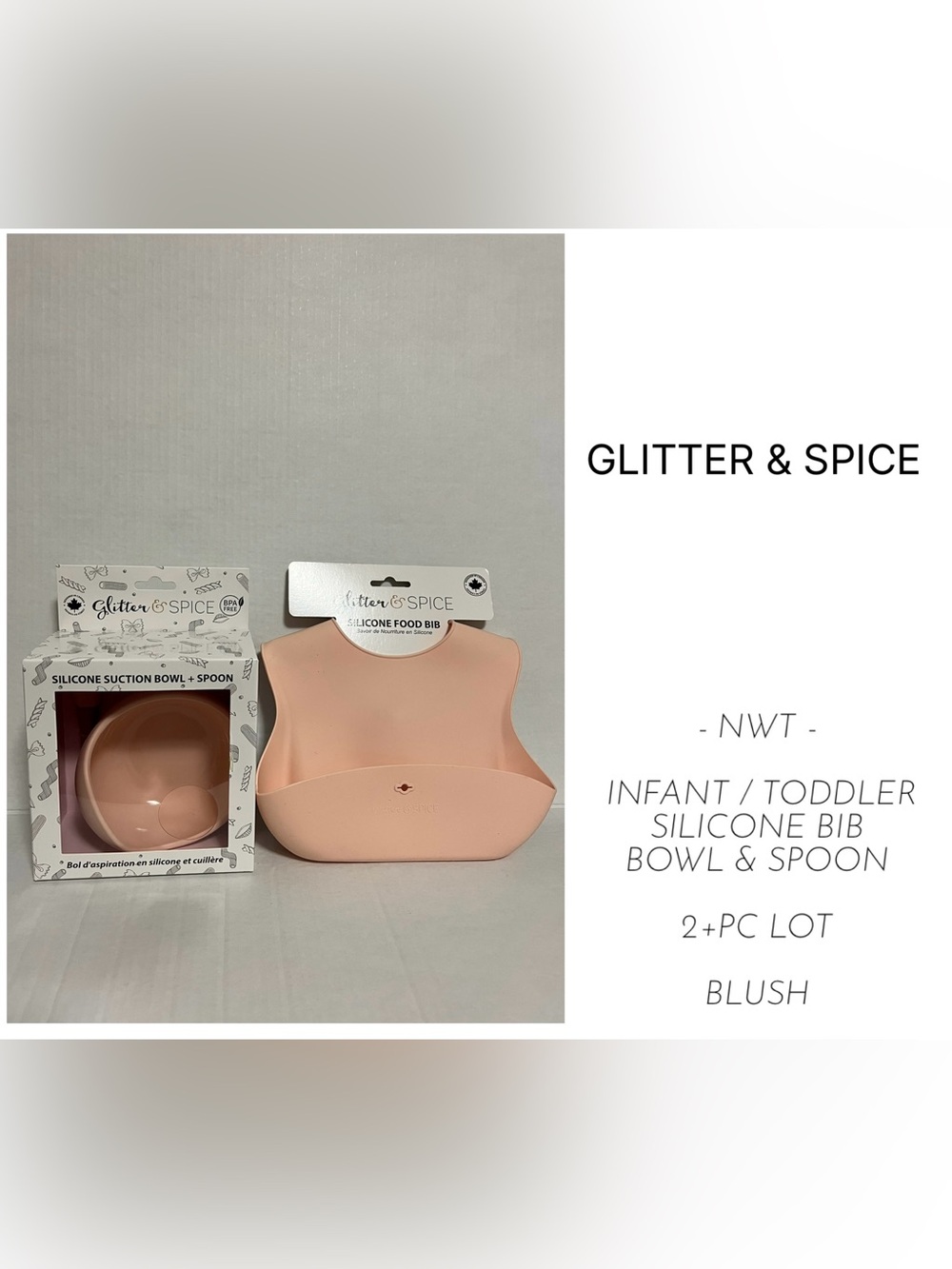 GLITTER & SPICE - NWT - 2+PCS - BLUSH SILICONE BIB BOWL AND SPOON MEALTIME LOT